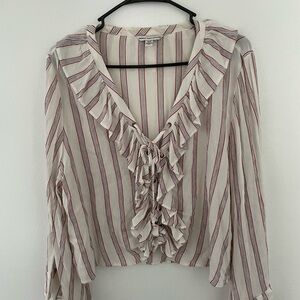 American Eagle Striped Ruffle Blouse - Red and White
